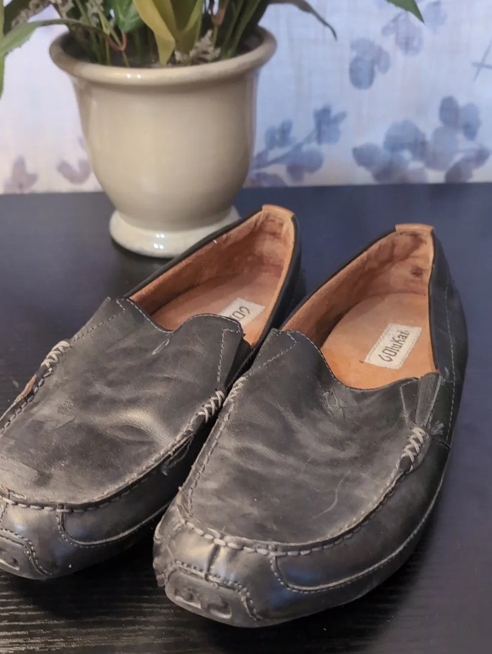 OluKai Black Leather Slip-On Loafers